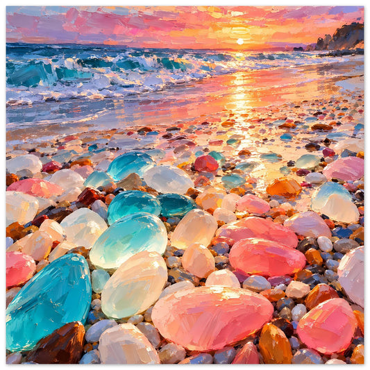 Wandposter mit bunten Strandsteinen am Sonnenuntergang, Querformat