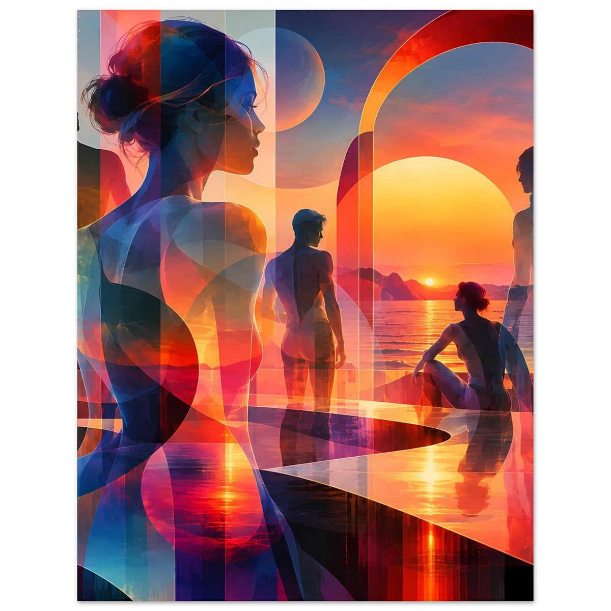 Kunstposter im Hochformat: Frauensilhouette links, sitzende Männer rechts, roter Bogen und Sonne