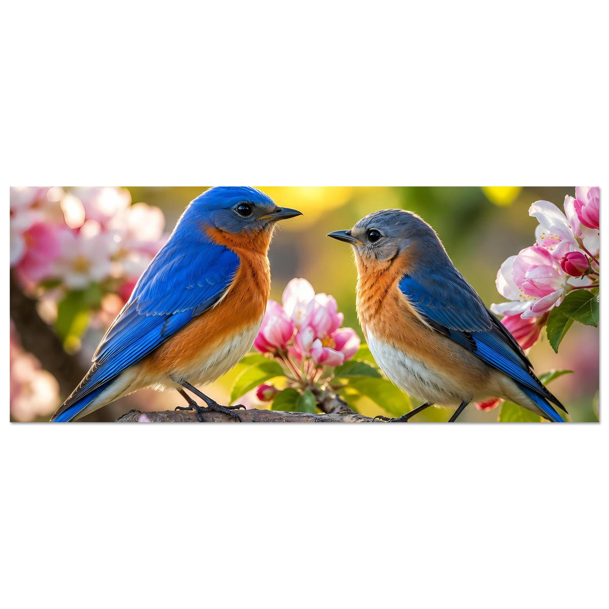 Poster im Querformat mit zwei Blaumeisen auf einem Ast zwischen rosa Blüten.