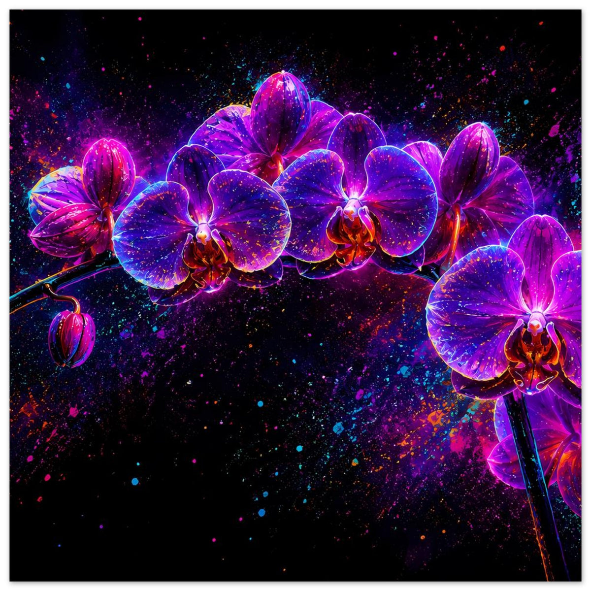 Leuchtendes Orchideen-Blumenposter: pinke und violette Neon-Orchideen mit mehreren Blüten