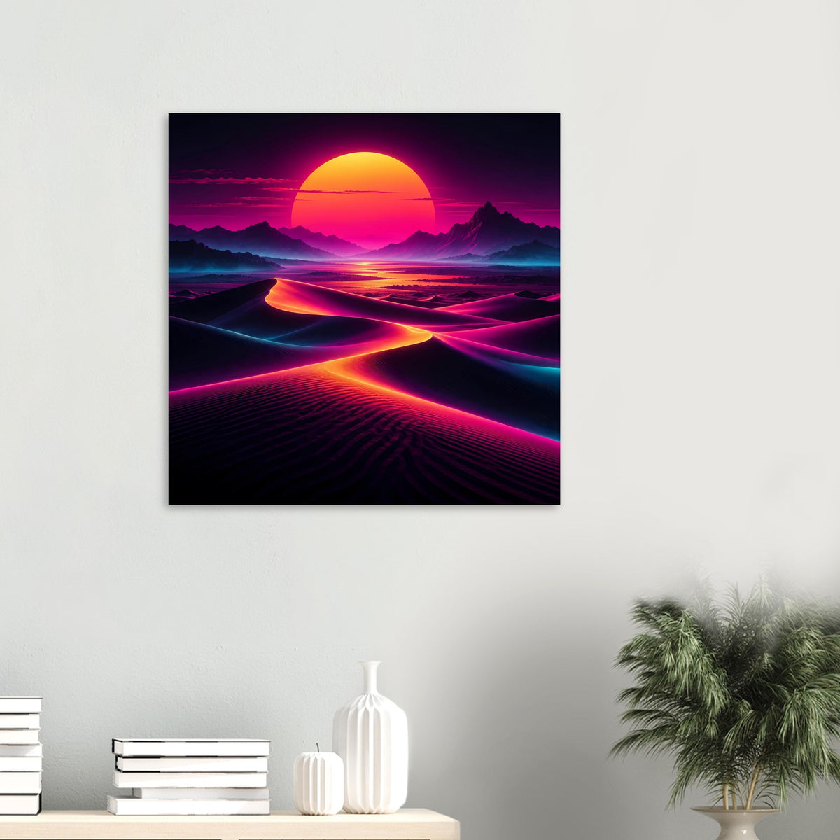 Neon-Desert-Sunset Poster im Quadratformat, orange Sonne über neonblauen und rosa Dünen