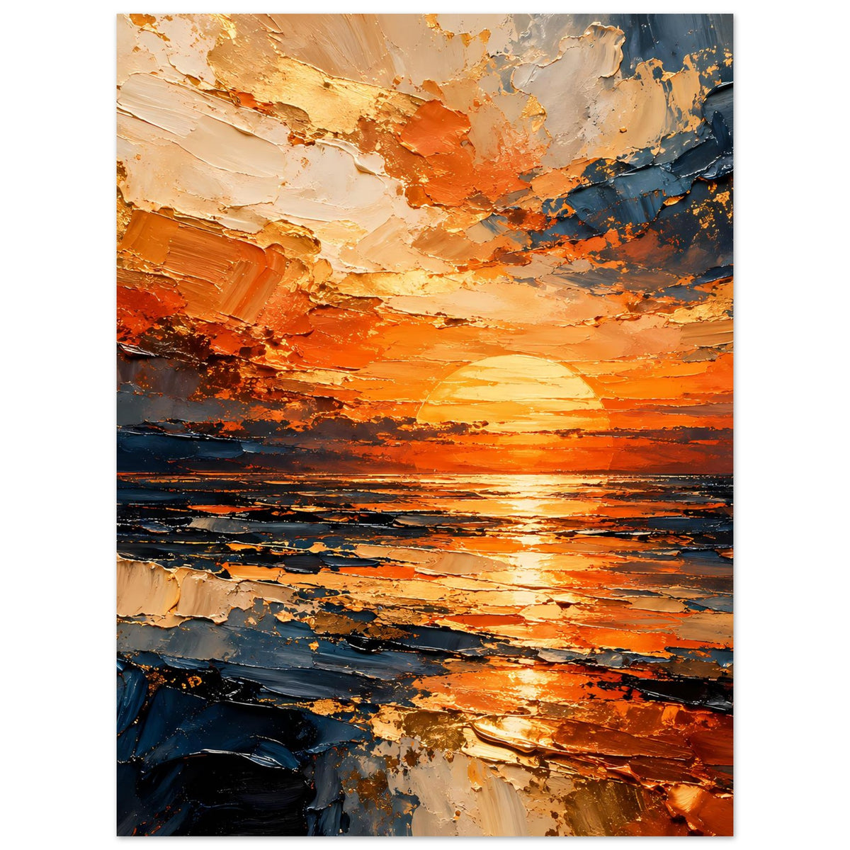 Meer-Poster im abstrakten Stil mit orangefarbenem Himmel, blauen Akzenten und Relief