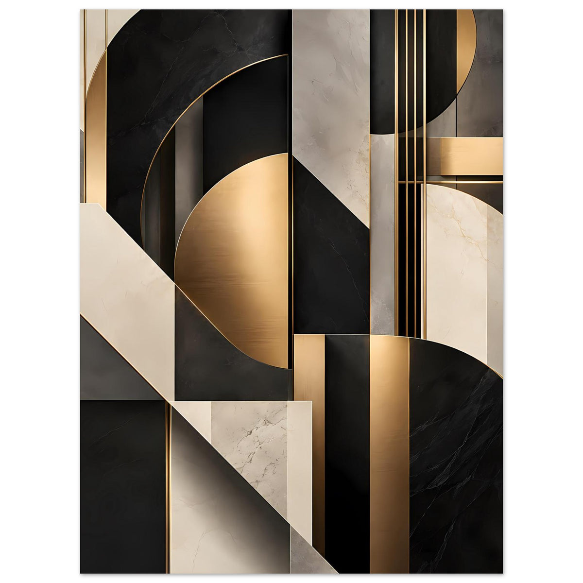 Geometrisches Kunstposter mit Gold- und Marmoroptik, schwarze Linien und runde Formen