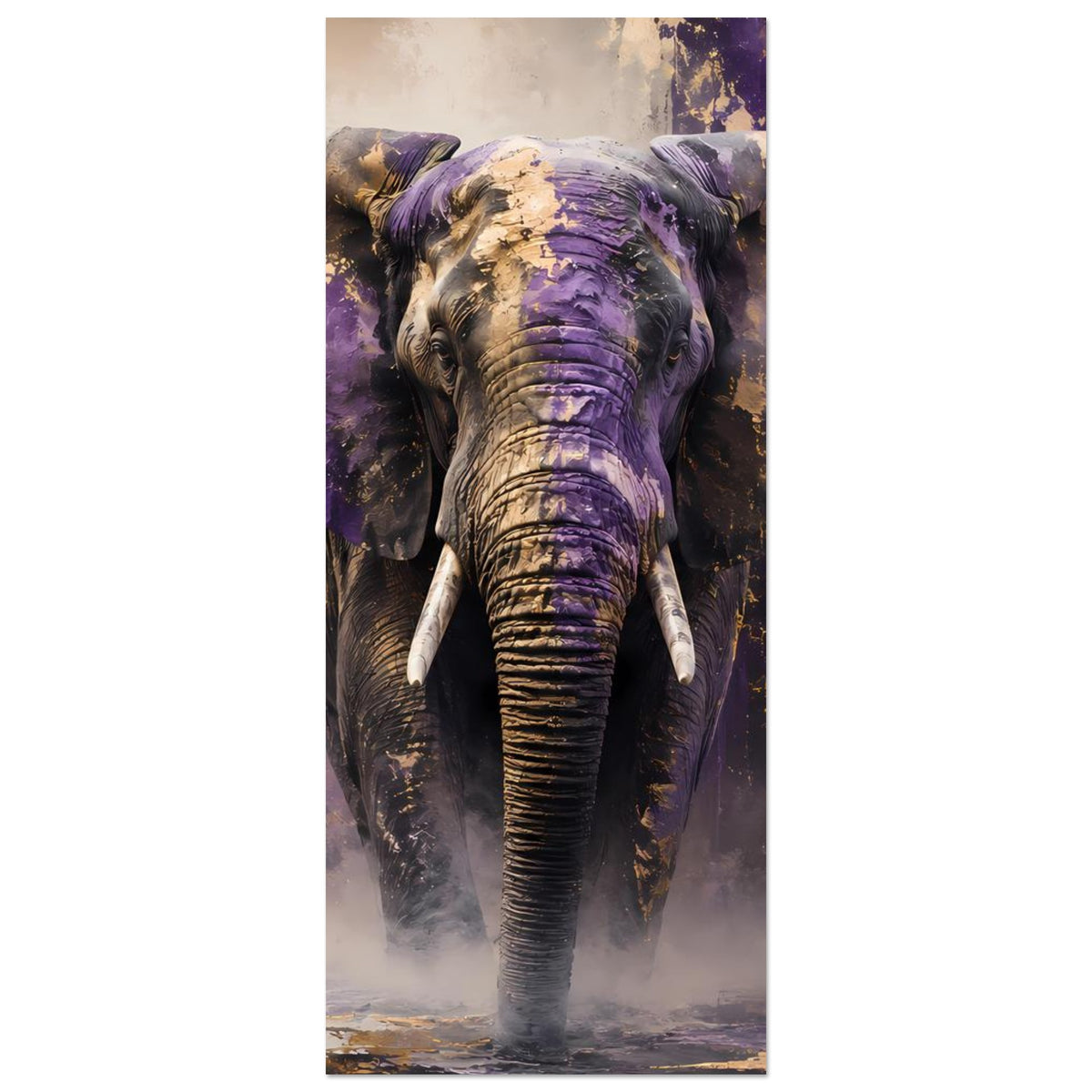 Schmales Elefantenposter mit violettem Kopf, Rüssel und goldenen Farbakzenten, Nahansicht