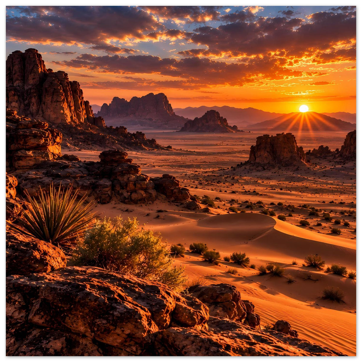 Großformatiges Poster mit Wüstenlandschaft bei Sonnenuntergang, Dünen, Felsen und Sonnenstrahlen.