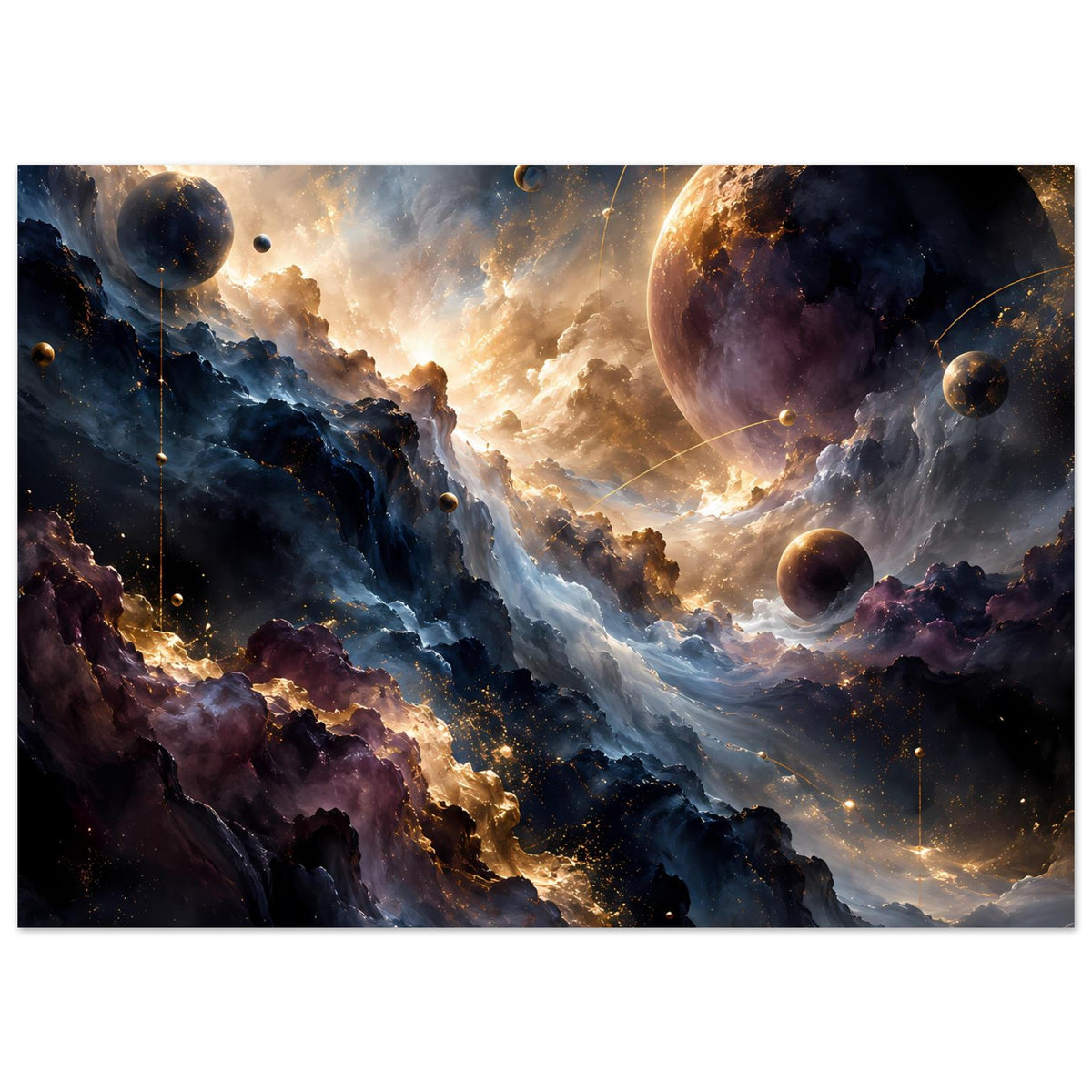 Weltraum-Kunstposter mit Planeten, Sternenstaub und violett-blauen Felsen im Raumnebel