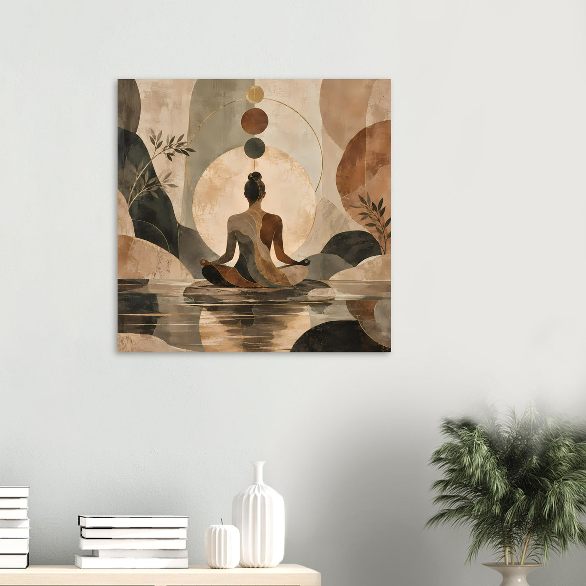 Kleiner Kunstdruck mit Meditationsfigur im Kreis, goldene Akzente und Erdtöne