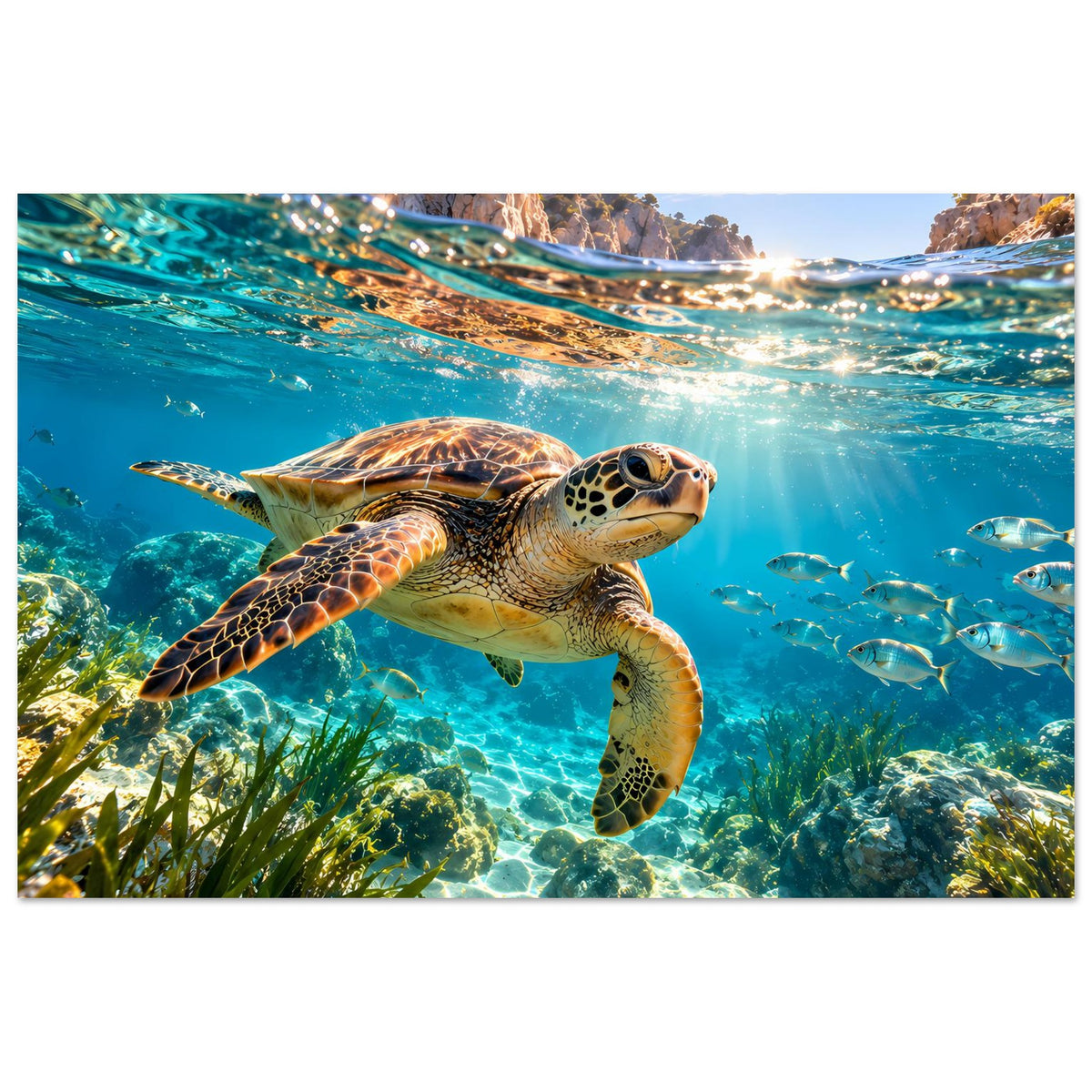 Meeresschildkröten-Poster im Querformat, Schildkröte schwimmt vor Korallen