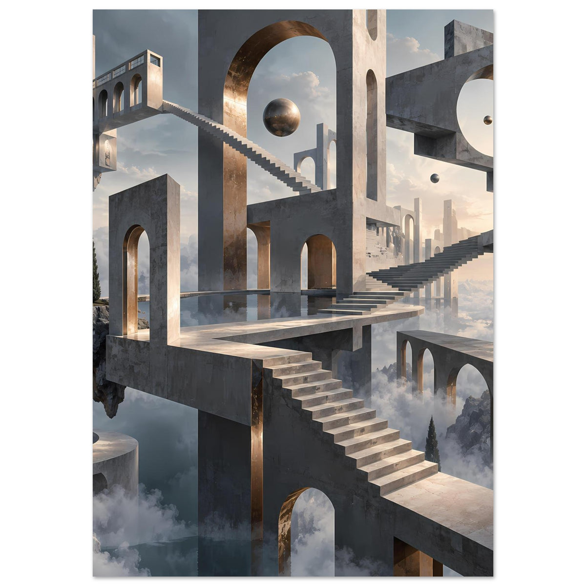 Architekturposter: Treppen und Bögen, goldener Torbogen, runde Kugel im oberen Bereich.