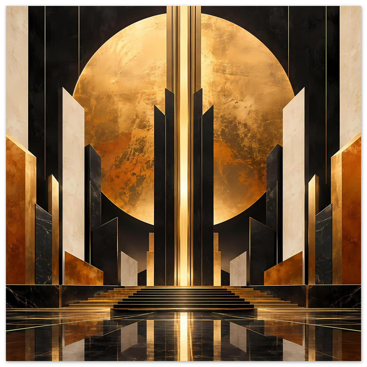 Art-Deco-Poster, vertikal: goldener Halbkreis über schwarzen Säulen und leuchtender Mitte