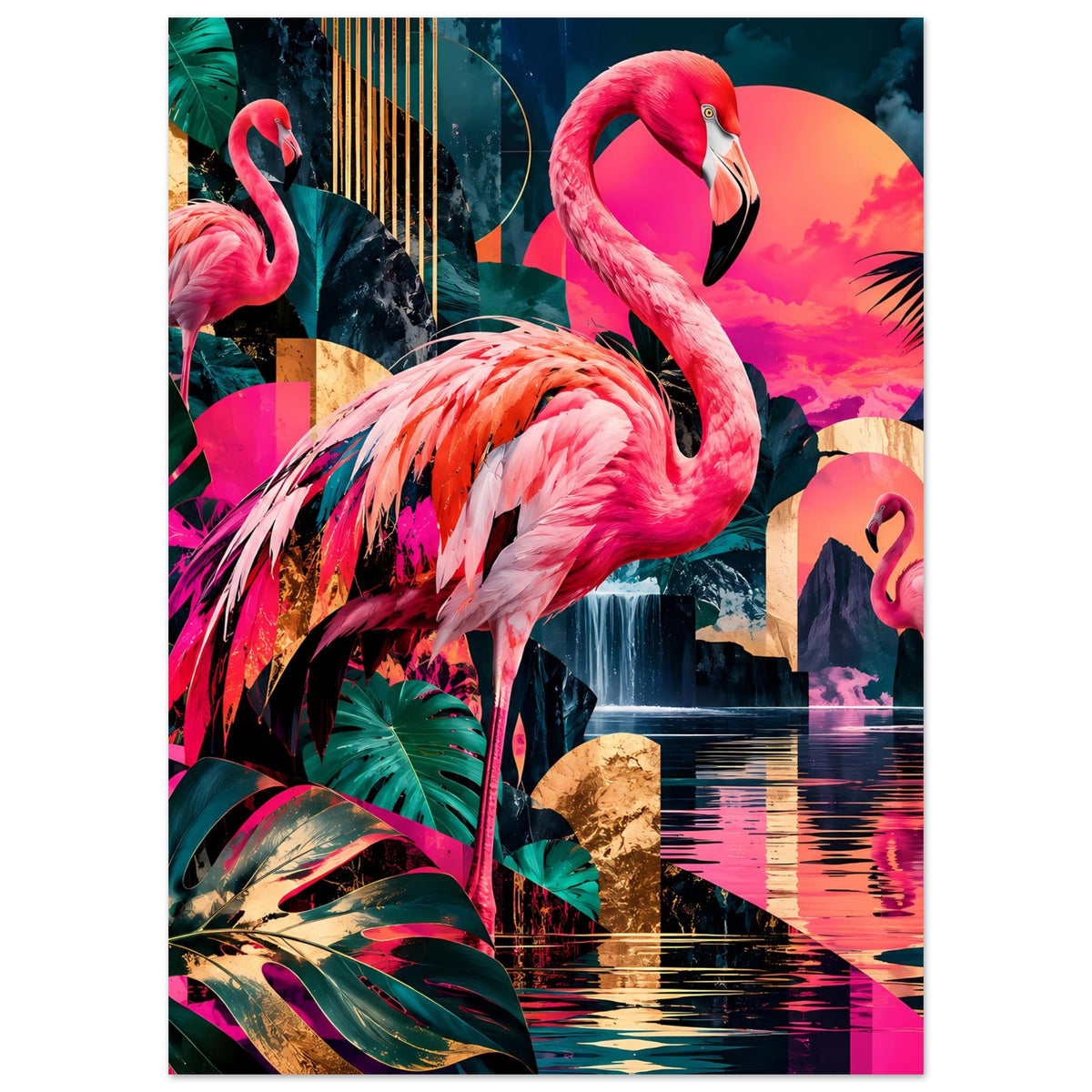 Poster mit pinken Flamingos, tropischem Dschungel und spiegelnder Wasserlandschaft