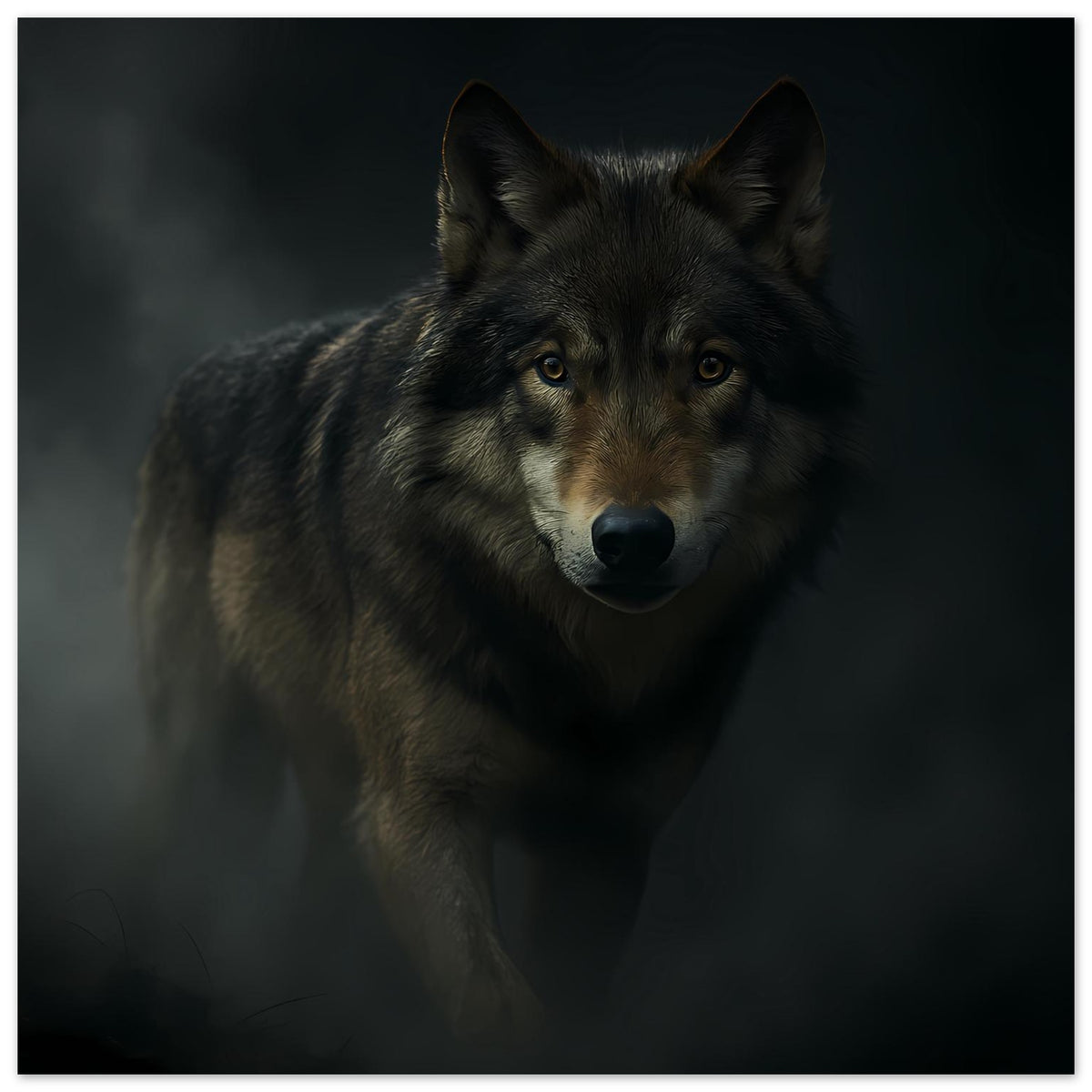 Wolfsposter im Hochformat mit Blick nach vorn, dunklem Fell und hellen Brauntönen am Hals