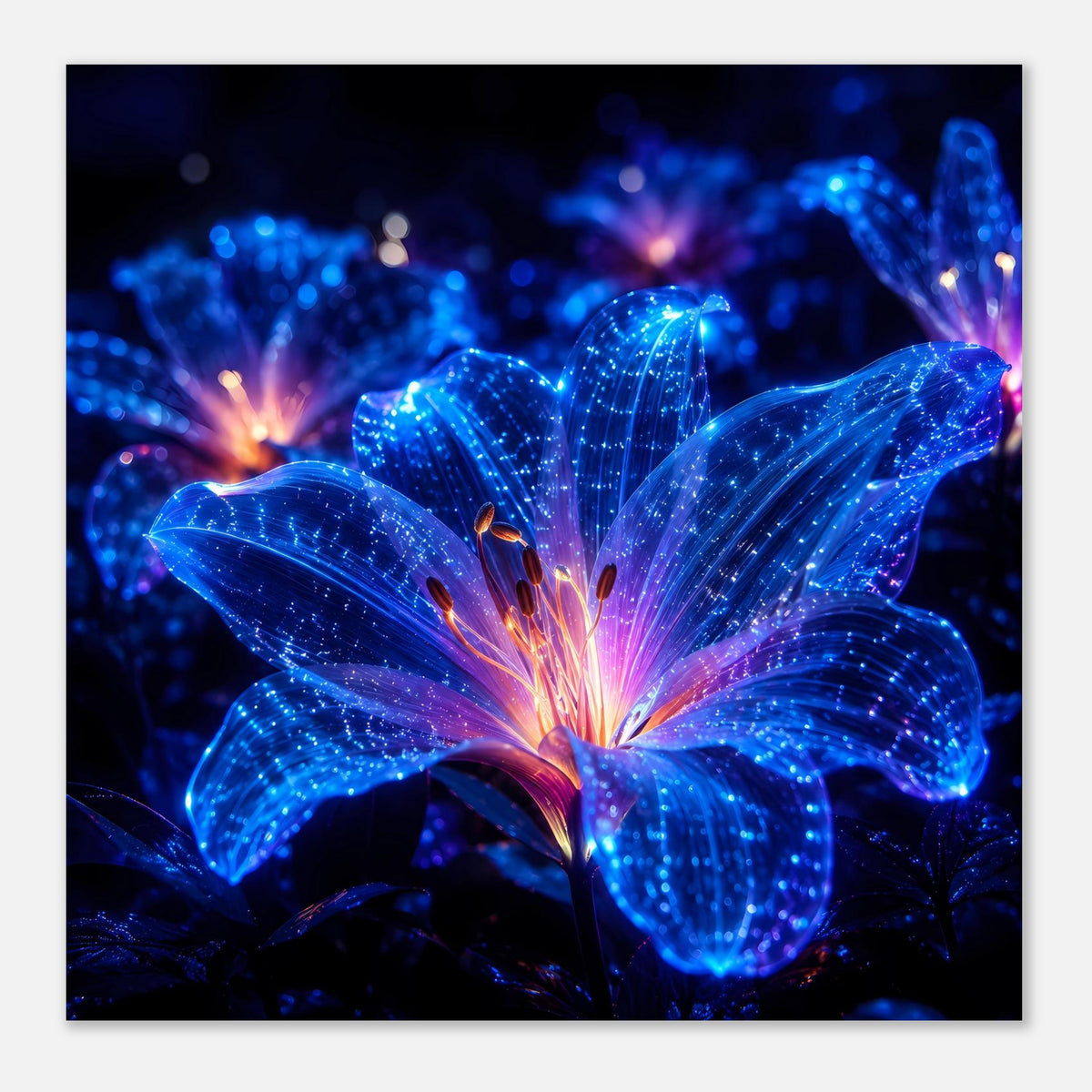Leuchtendes Blumenposter: mittig dargestellte blau leuchtende Blüte mit schimmerndem Muster und orangefarbenem Kern