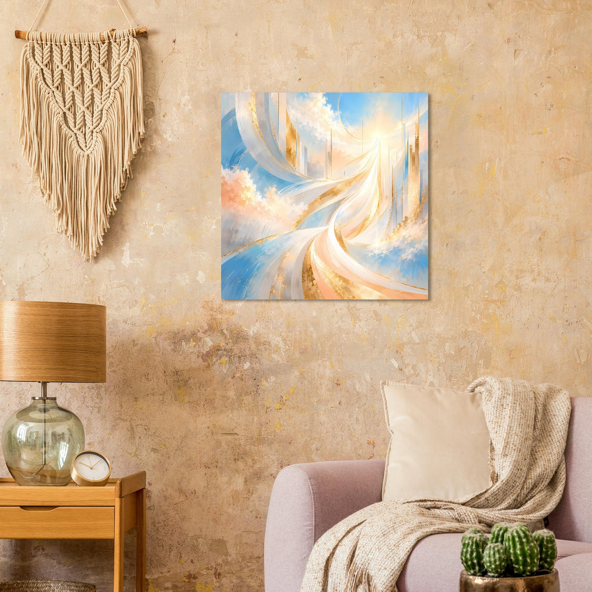Abstraktes Poster mit gold-weißen Ornamentwirbeln auf blauem Himmel