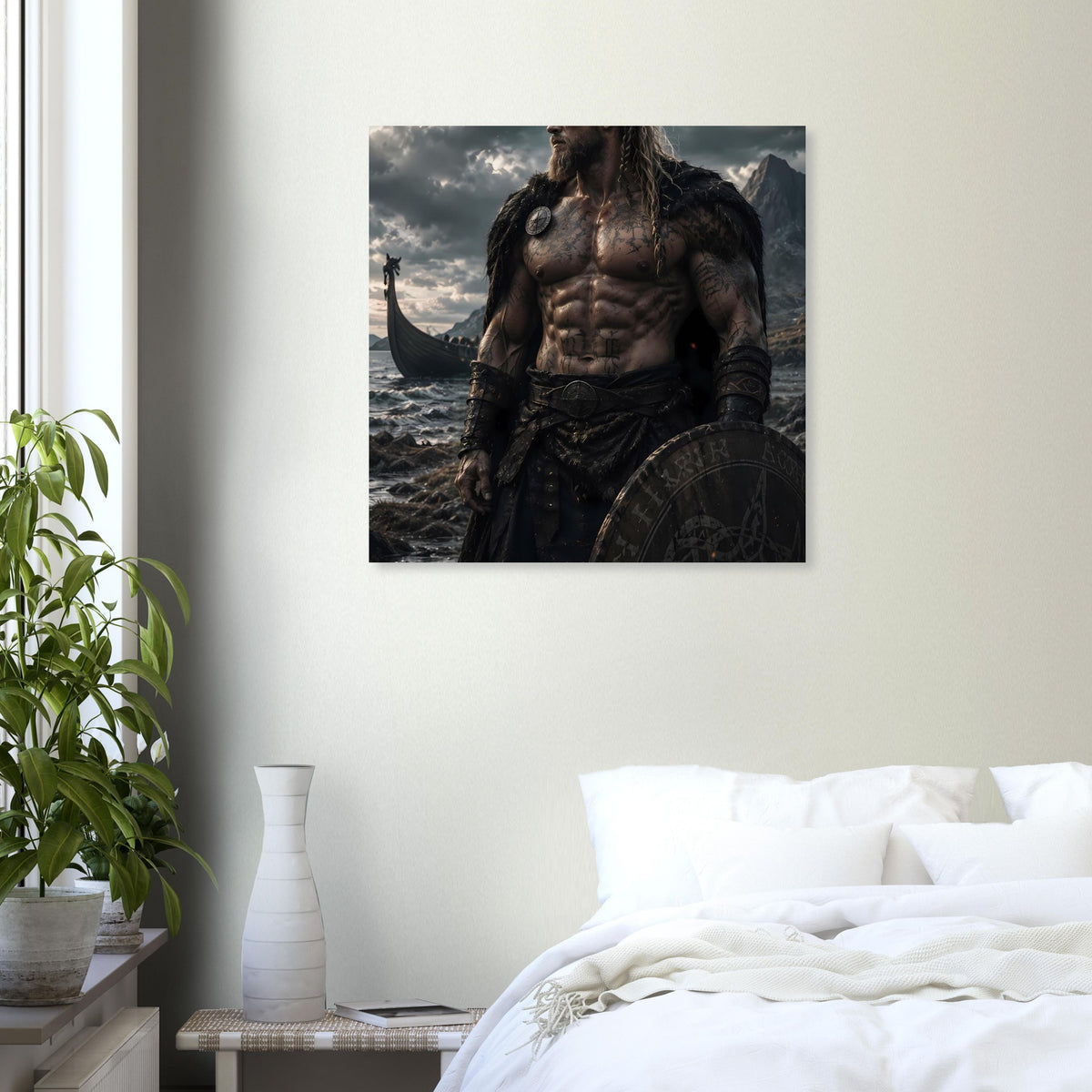 Gerahmtes Fantasy-Vikingerkrieger-Poster: Krieger mit Rundschild, sitzende Komposition