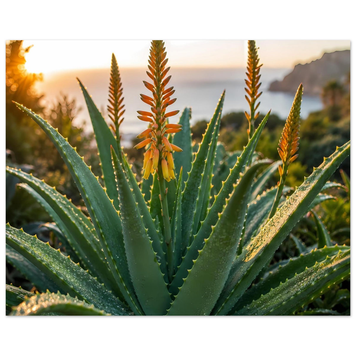 Poster mit Aloe-Blättern und orangefarbenen Blütenständen, botanische Fotografie
