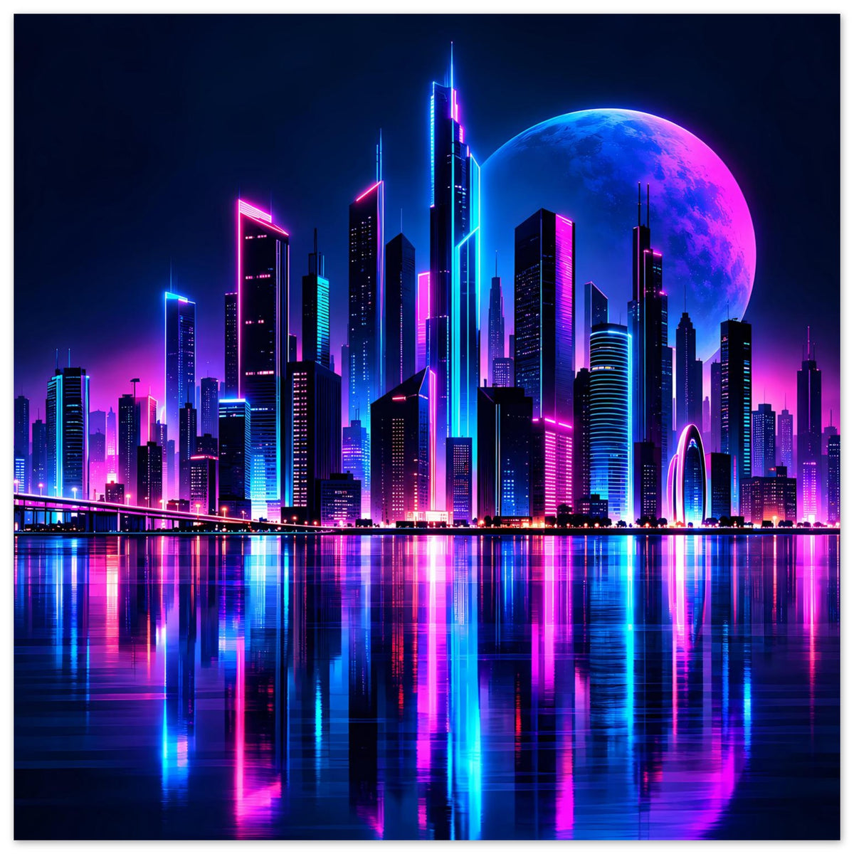 Neon-Stadtlandschafts-Poster mit Skyline, blauem Mond und Neon-Reflexionen im Wasser