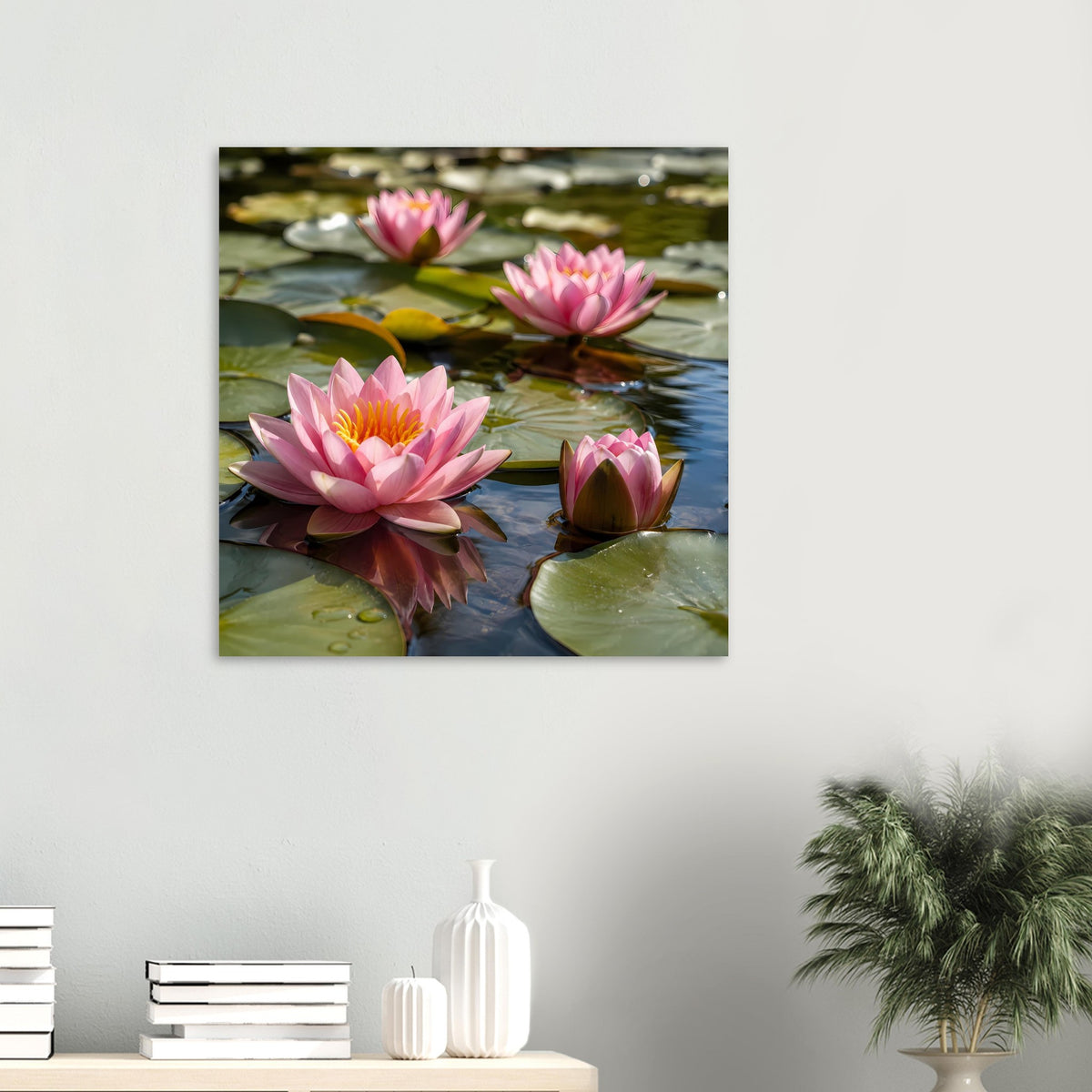 Wandposter mit drei rosa Seerosenblüten auf Wasser und grünen Schwimmblättern