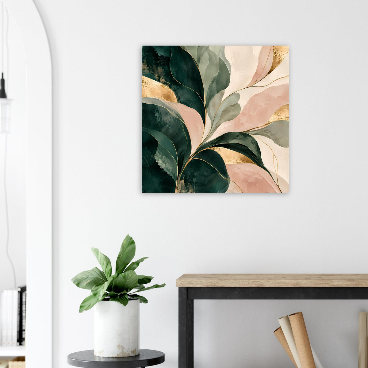 Kunstposter mit abstrakter Blattkomposition in Smaragdgrün, Rosé und Gold