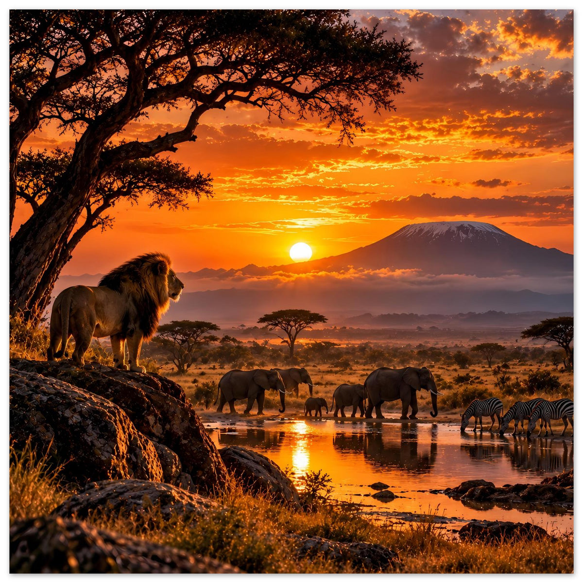 Safari-Sonnenuntergangs-Poster im quadratischen Format: Löwe links, Elefanten am Wasser
