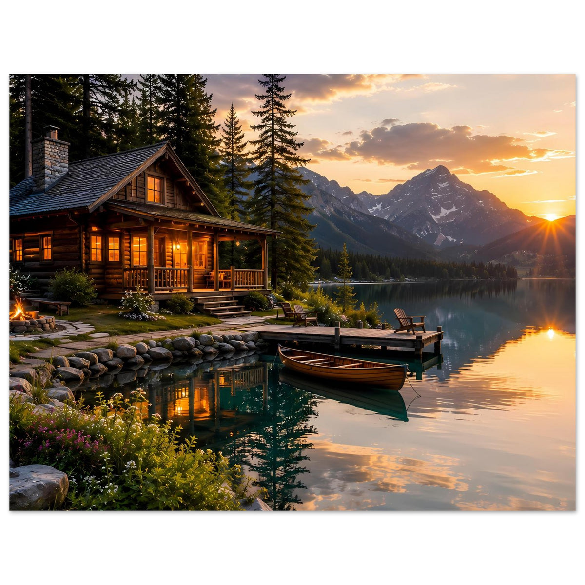 Landschafts-Poster mit See, Blockhütte und Boot am Steg bei Sonnenuntergang