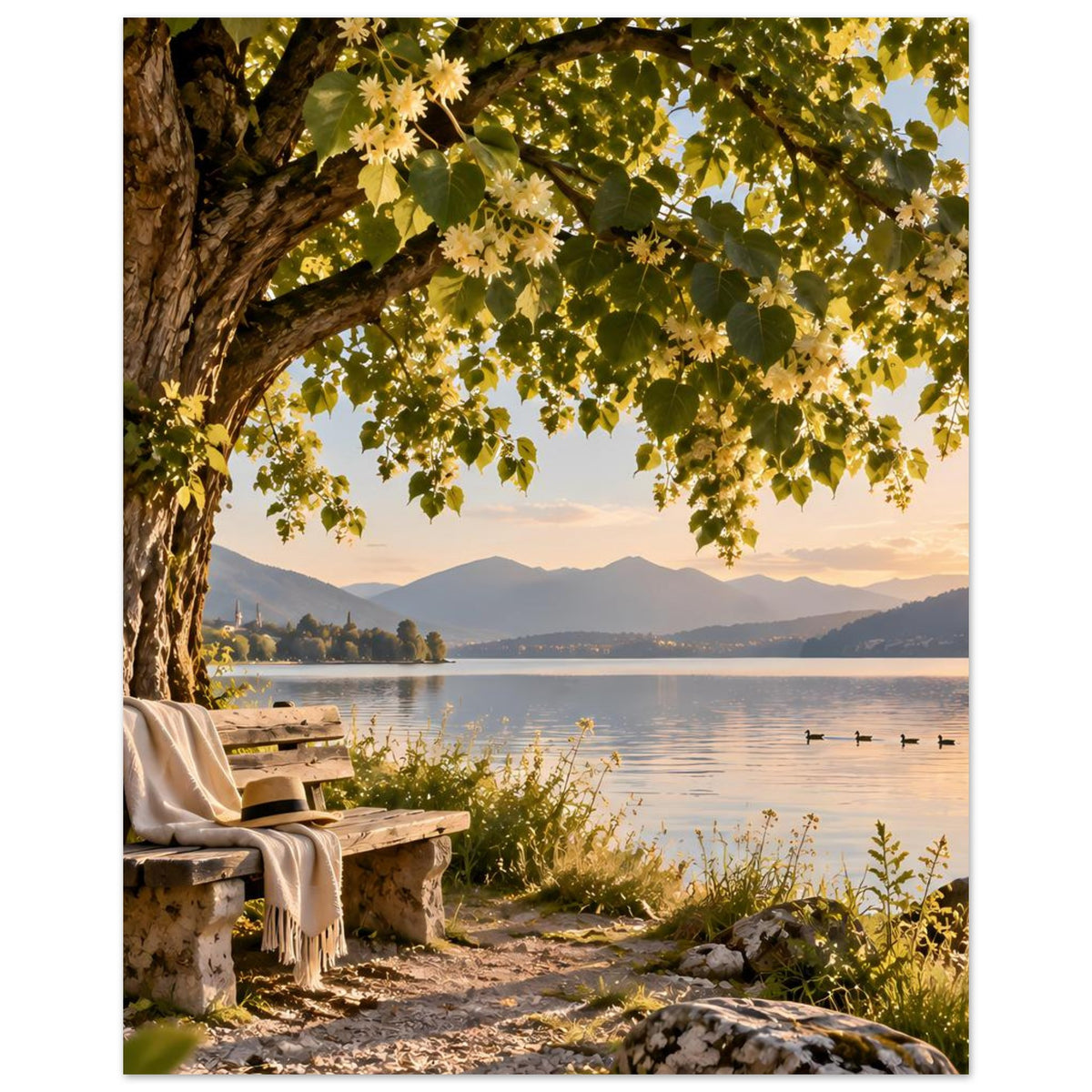 Poster mit Baum und Uferbank: ruhiger See, Berge im Hintergrund und warmes Abendlicht