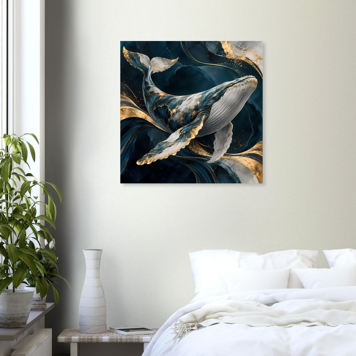 Quadratisches Poster mit Walillustration, dunkelblauem Hintergrund und goldenen Details