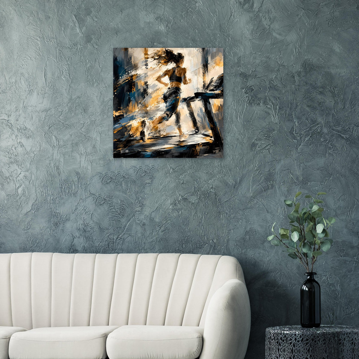 Quadratisches Kunstposter mit abstrakter Läuferdarstellung in Blau, Gold und Schwarz