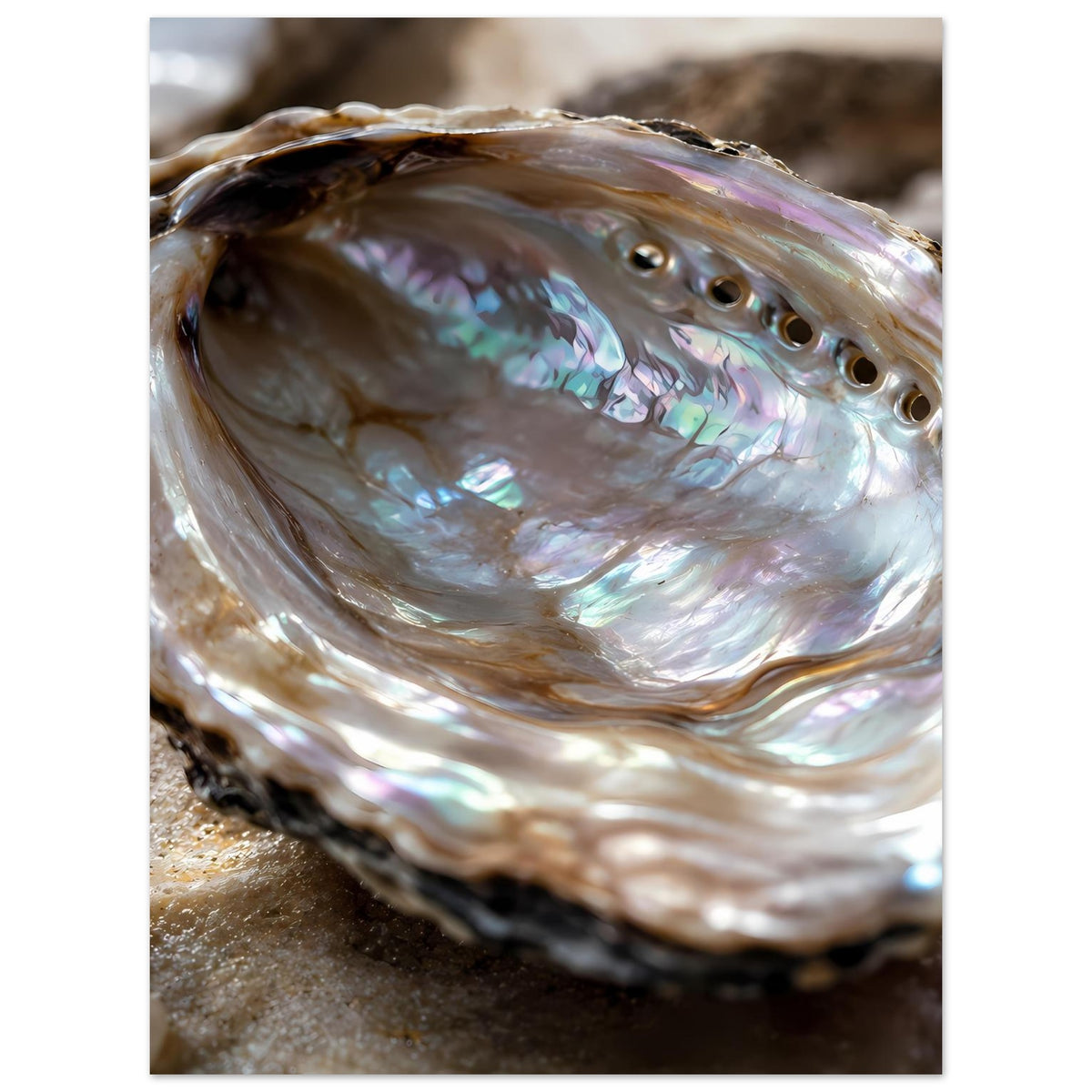Poster im Hochformat mit Abalone-Muschel, schimmerndem Perlmutt und Öffnungen