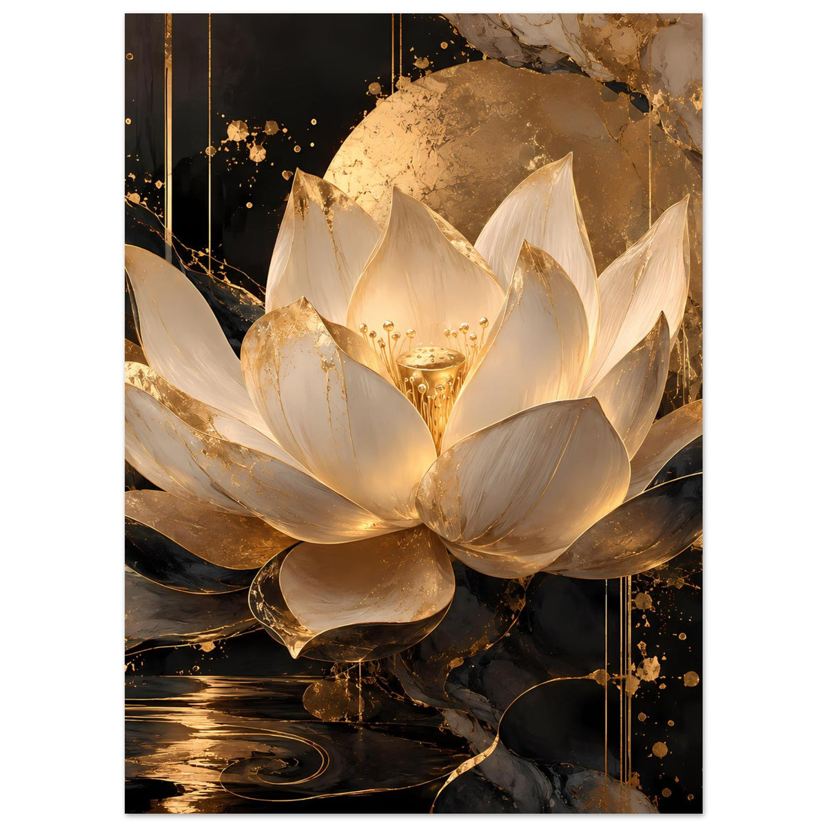 Poster: Lotusblüte aus Elfenbein und Gold mit feinen Schattierungen und glänzendem Zentrum