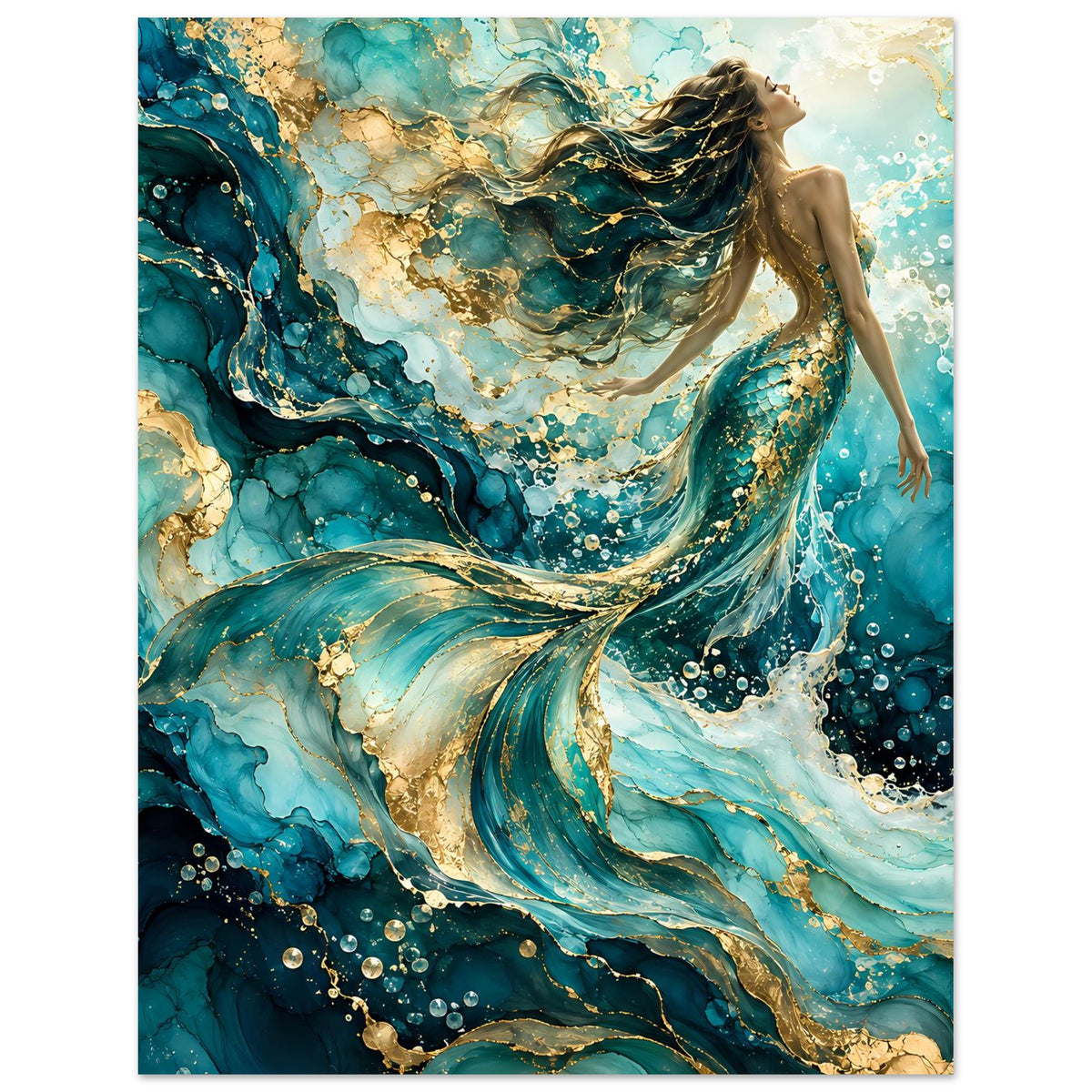 Meerjungfrau-Kunstposter: helle Flossen mit türkis-goldenem Muster und Bläschen