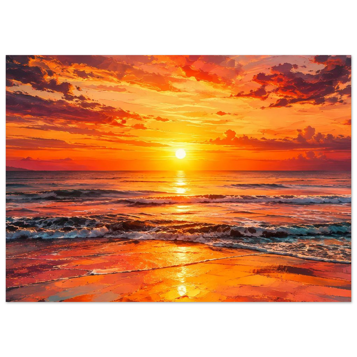 Rechteckiges Poster mit zentrierter Sonne, Wellen und orangefarbenen Wolken