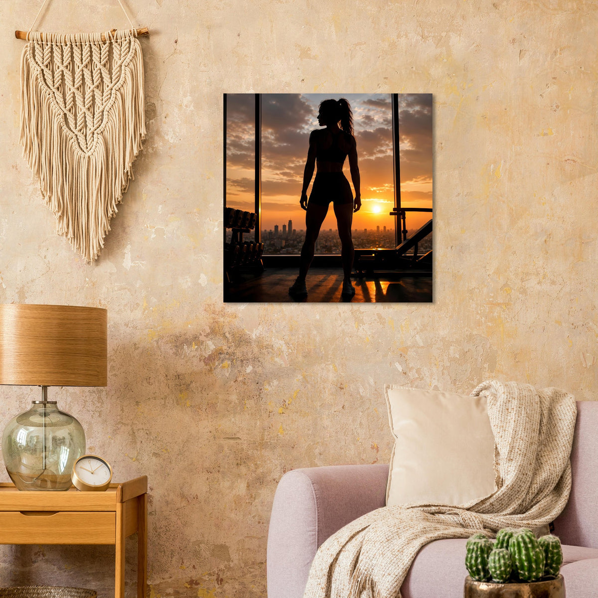 Gerahmtes Poster: Silhouette einer Sportlerin vor orangefarbenem Sonnenuntergang