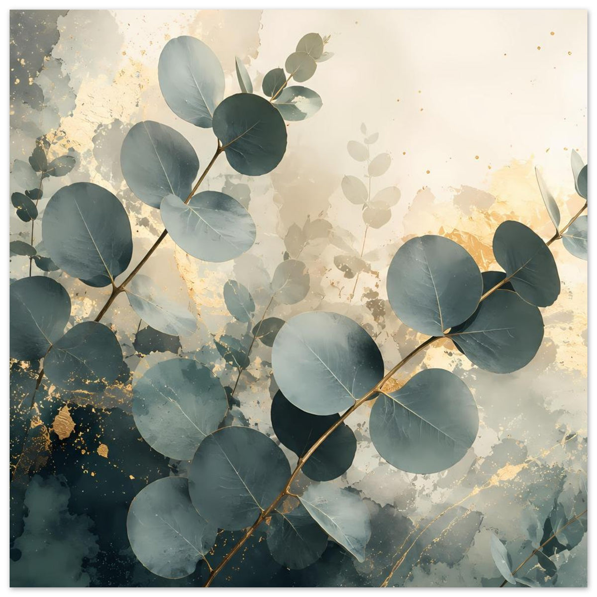 Eukalyptus-Poster mit blaugrünen Blättern, goldenen Akzenten und Creme-Background