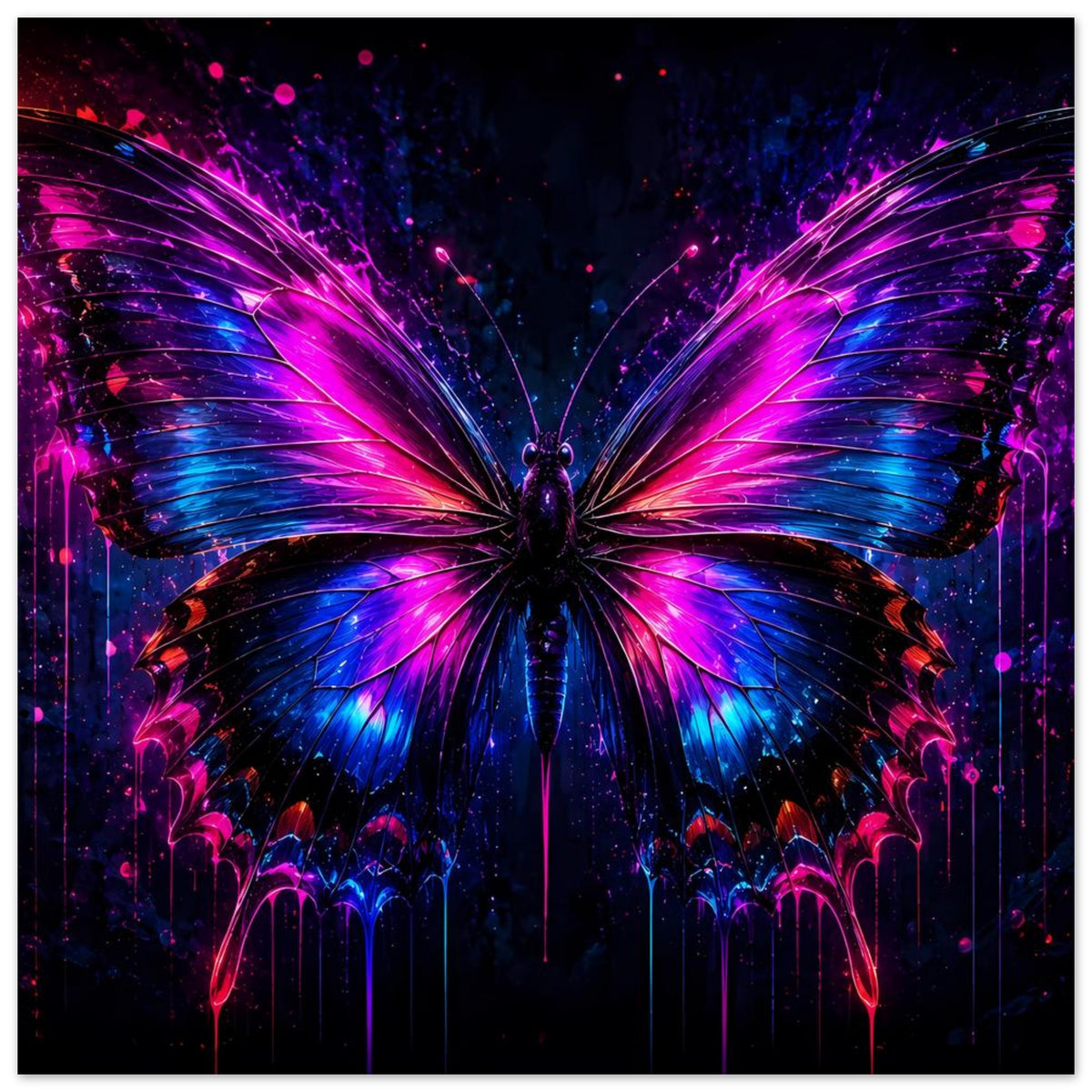 Neon-Schmetterling Poster mit farbigen, leuchtenden Flügeln in Pink und Blau, breites Motiv