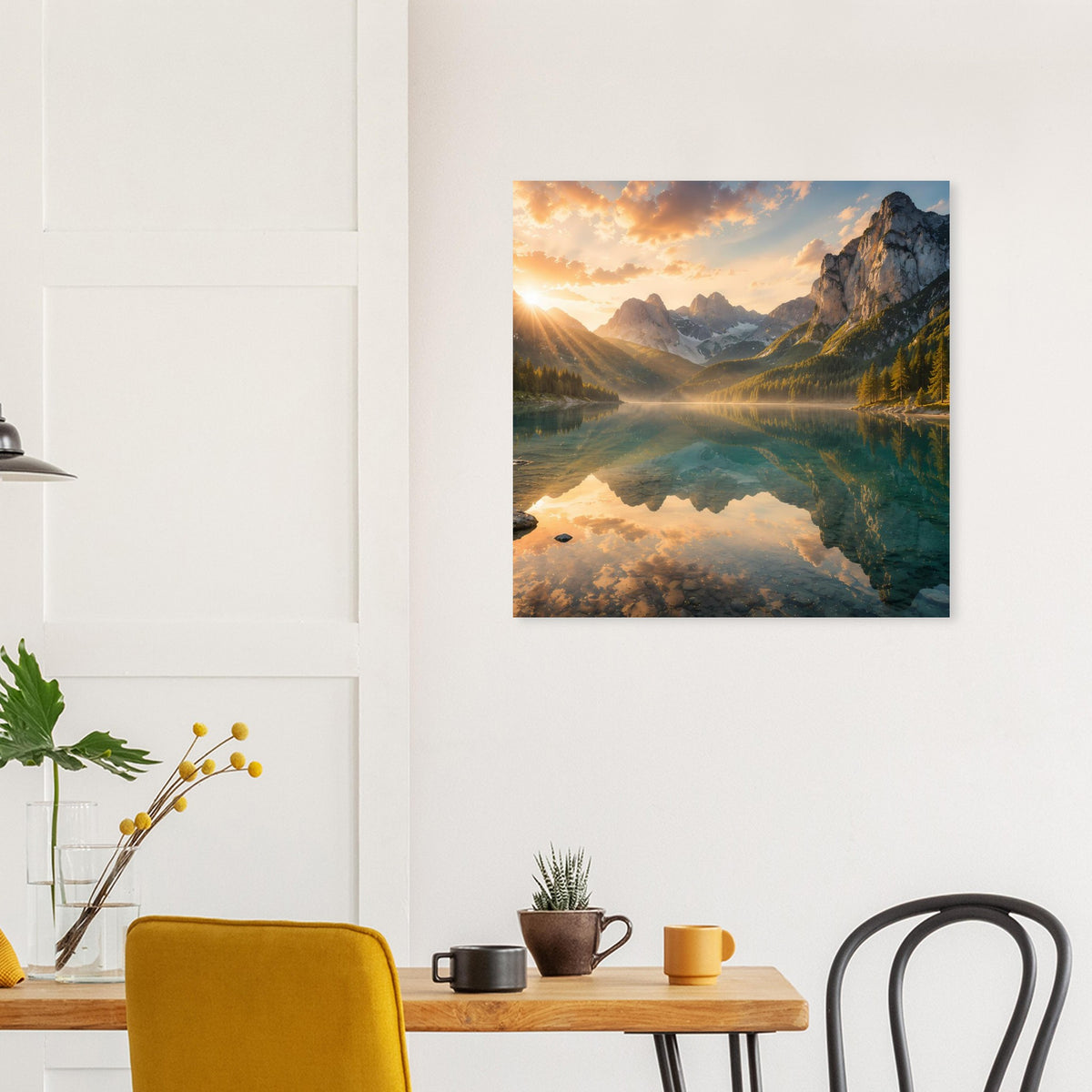 Wandposter mit Bergsee und Sonnenstrahlen, quadratischer Rahmen