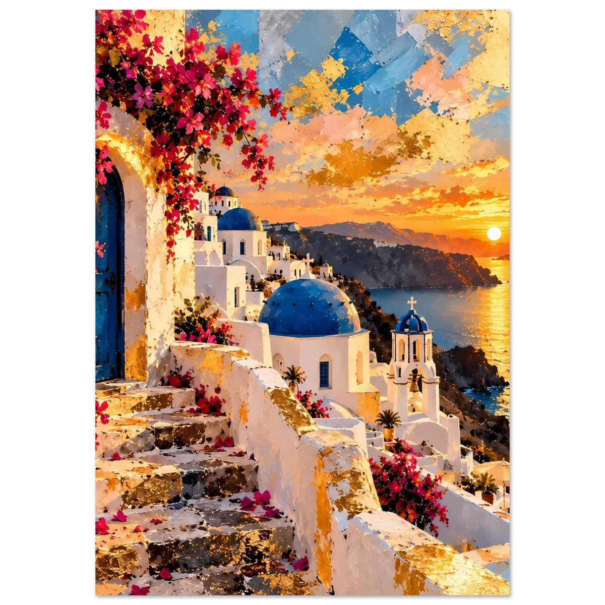 Hochformat-Poster Santorini: weiße Fassade mit Treppe, pinke Blumen, blaue Kuppel und Sonne