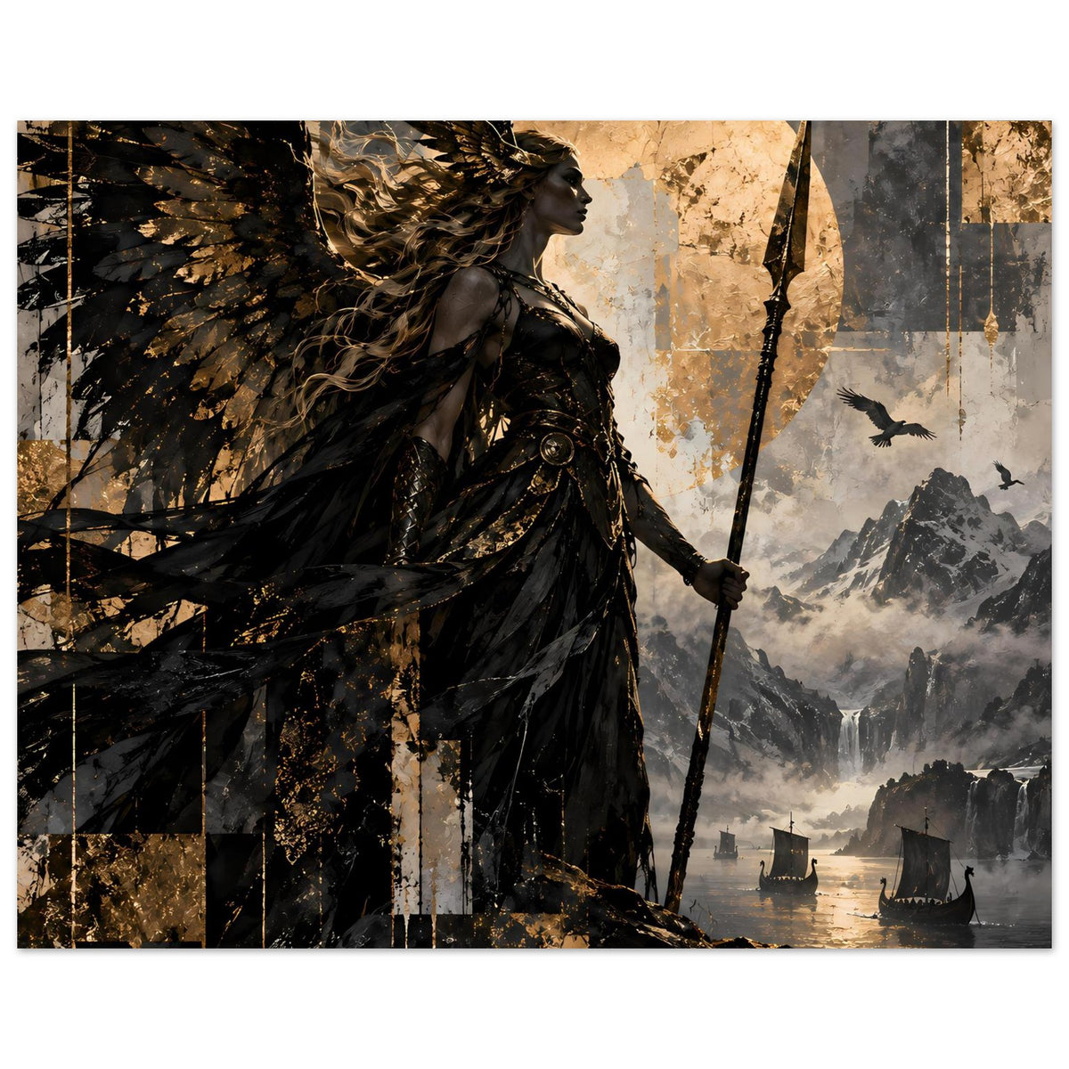 Kunstposter im Querformat: Kriegerin mit Flügeln und Speer, schwarz-gold vor Dünen & Bergen