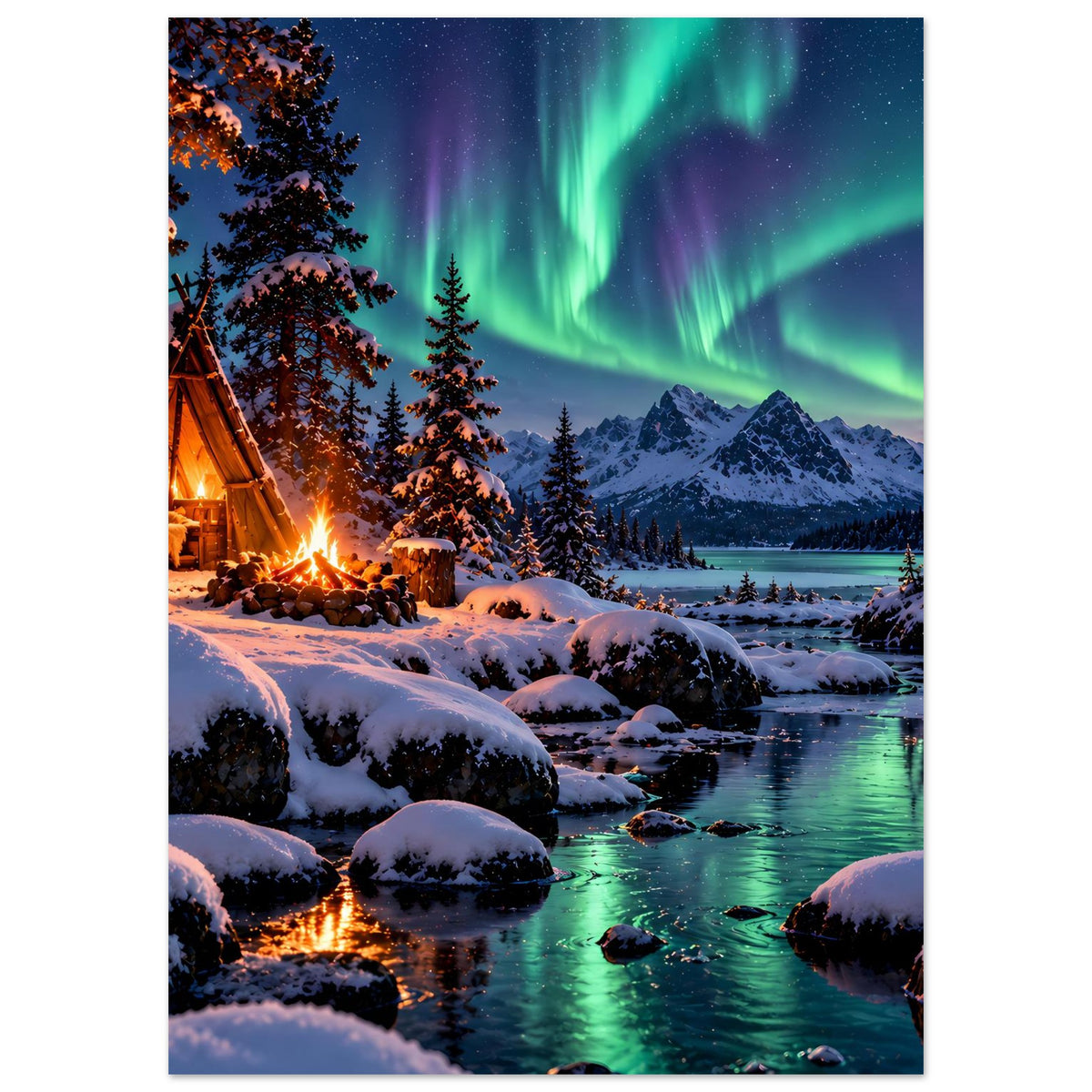 Hochkant-Poster: Nordlichter über verschneitem Fluss, Feuer im Camp und Tannen im Vordergrund