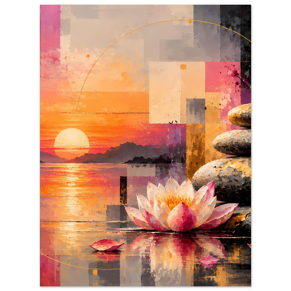 Abstraktes Poster mit Sonnenuntergang, Lotusblüte und Steinsäule, orange-pinkfarbenes Motiv
