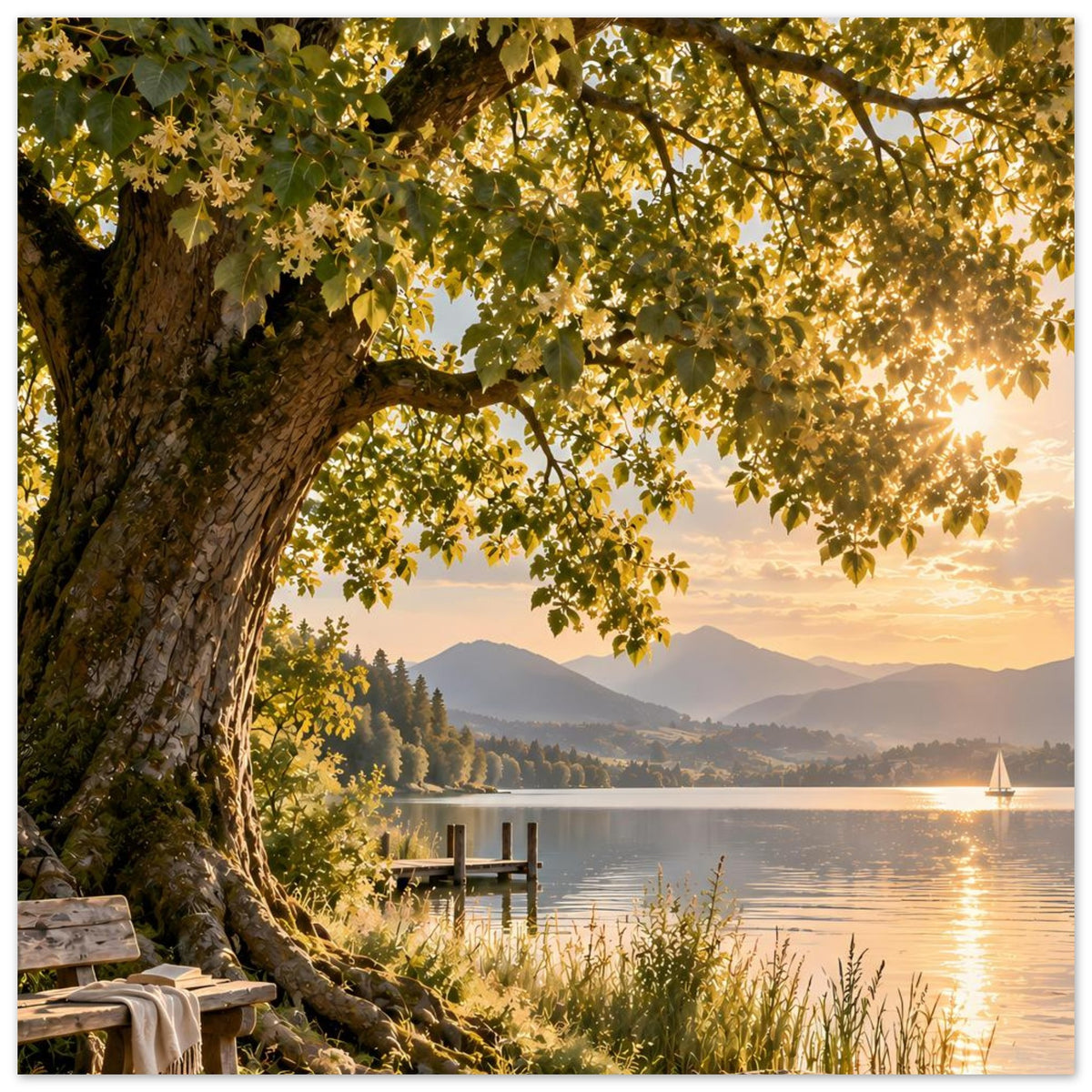 Naturposter mit Baumstamm und gelben Blättern, Seeufer mit Holzbank, Steg