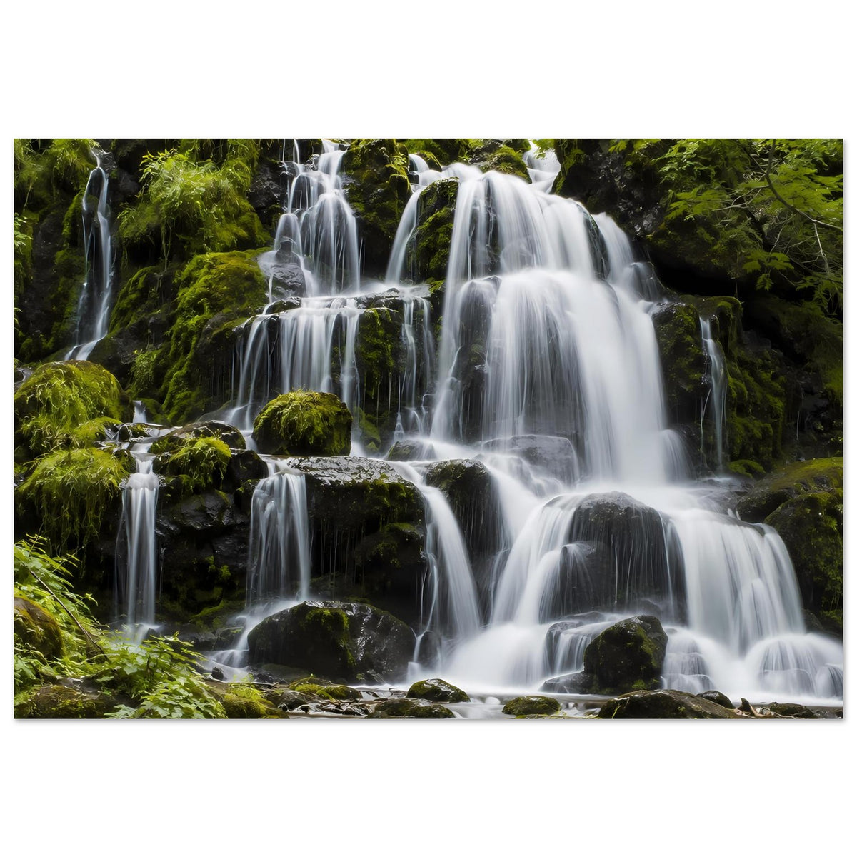 Wasserfall-Poster mit breiter Ansicht: Wasserfälle zwischen dunklen, moosigen Felsen