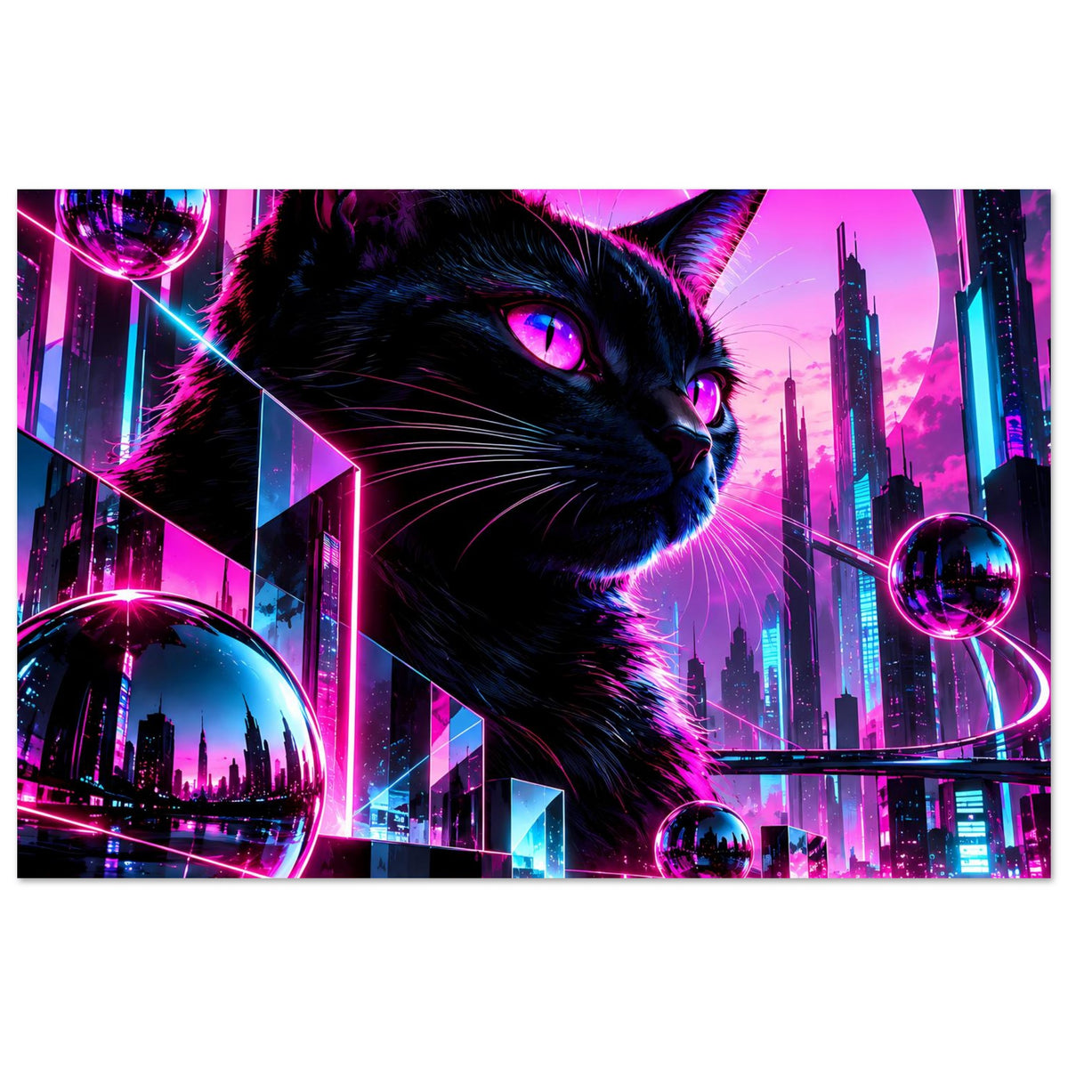 Neonkatzen-Poster: schwarzer Kater, pinke Neonlichter, futuristische City-Skyline