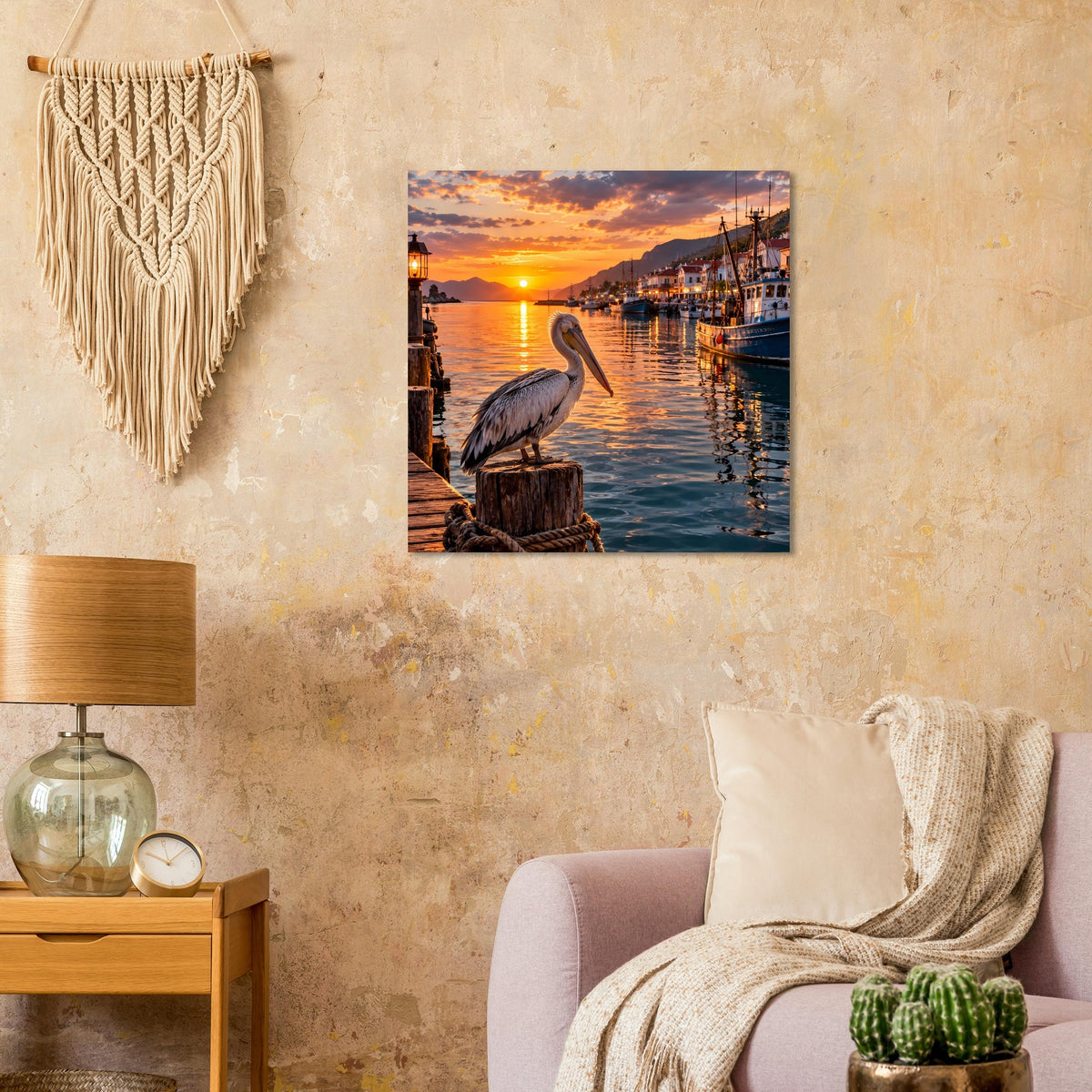 Wandposter mit Pelikan am Steg bei Sonnenuntergang, im goldenen Licht
