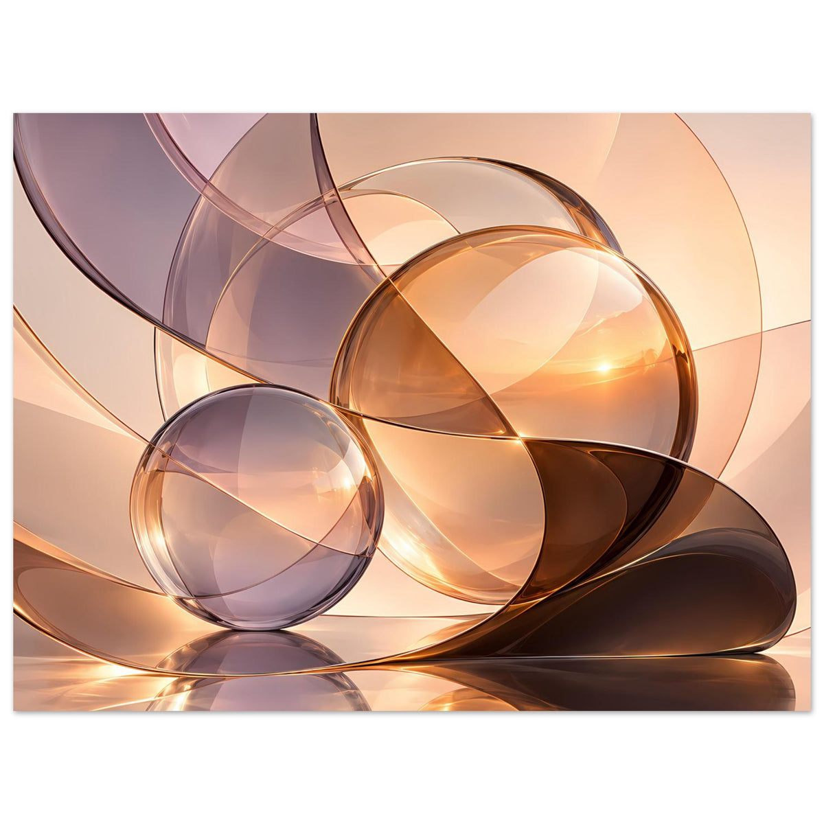 Abstrakter Kunstdruck: Glas-Kugel-Cluster mit warmen Reflexen, horizontal