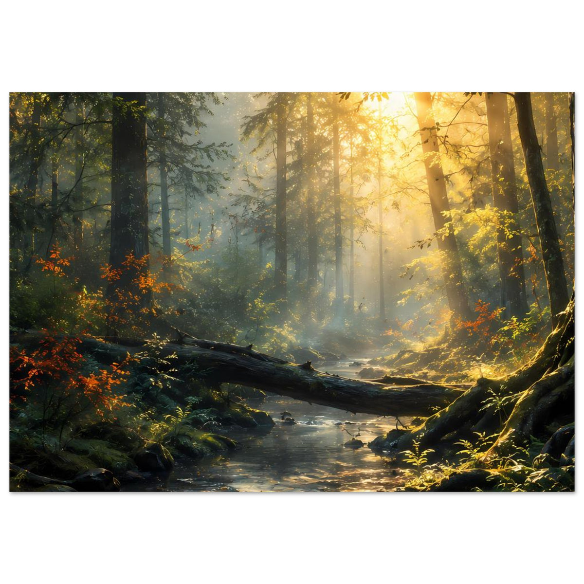 Poster im Querformat mit Bachlauf im Wald, Sonnenstrahlen, Steinen am Ufer und Baumstamm