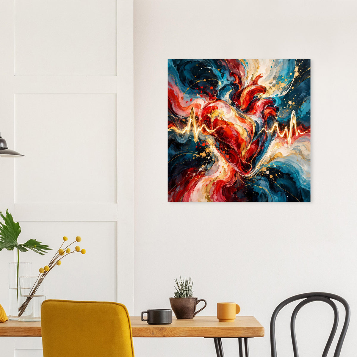 Poster mit abstraktem Herz und Herzschlaglinie, Farbmix aus Rot, Blau und Gold