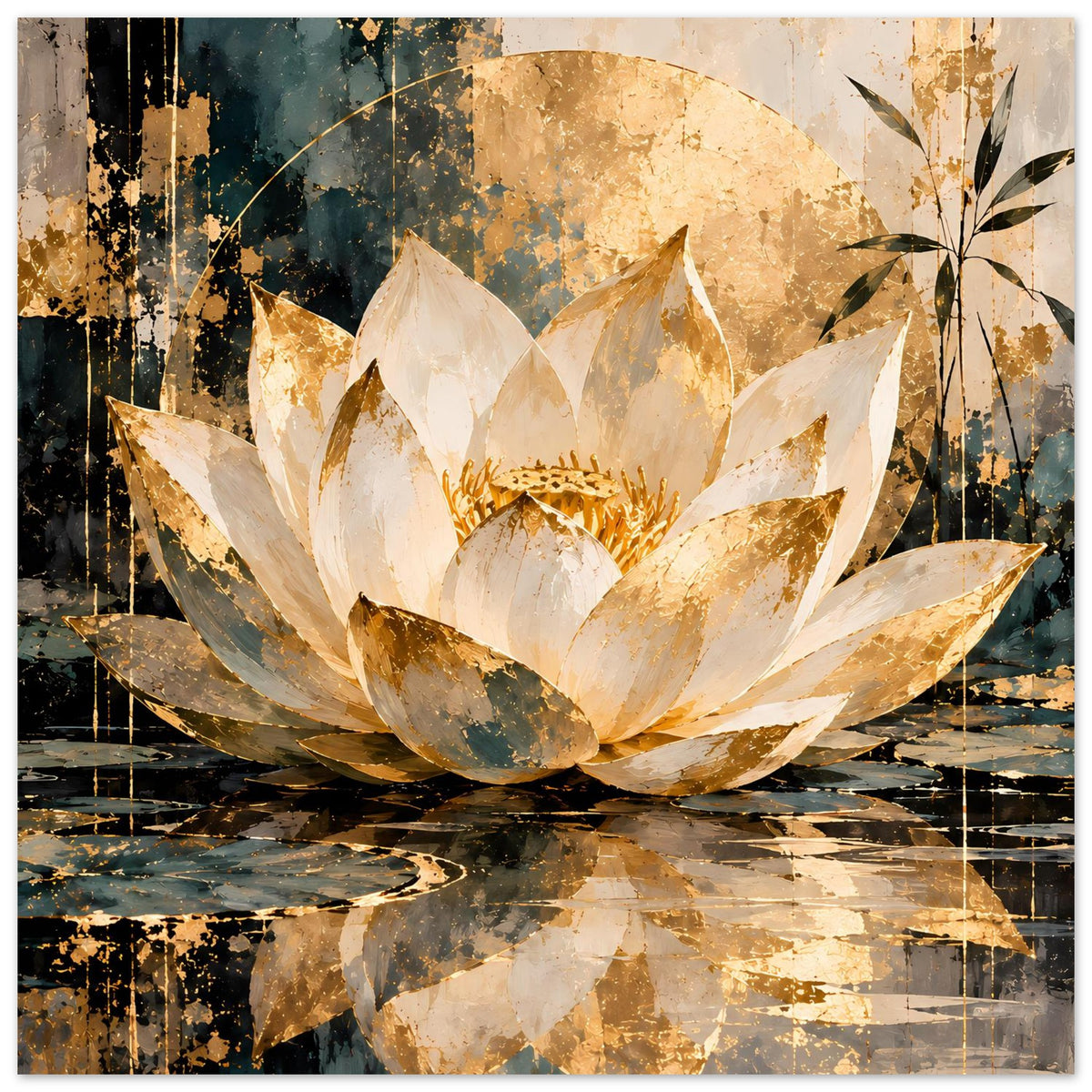 Lotus-Poster: weiße Lotusblüte mit goldenen Rändern, abstrakte Texturen, Blattzweig oben rechts