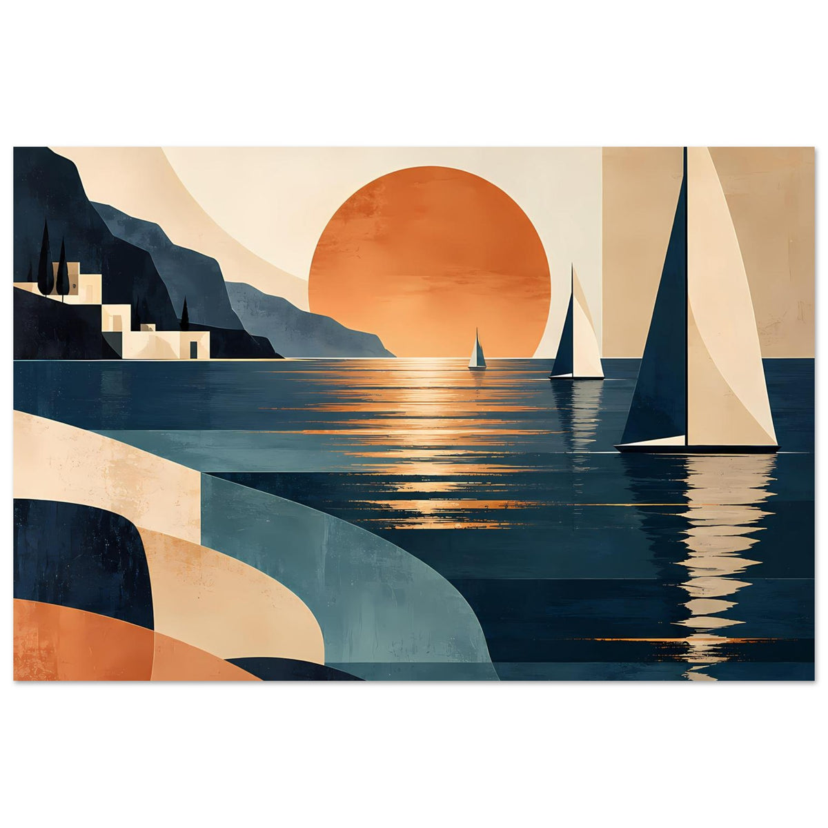 Landschaftsposter: Segelboote, Abendsonne und ruhiges Wasser, Holzrahmen, Blau-Orange, Querformat