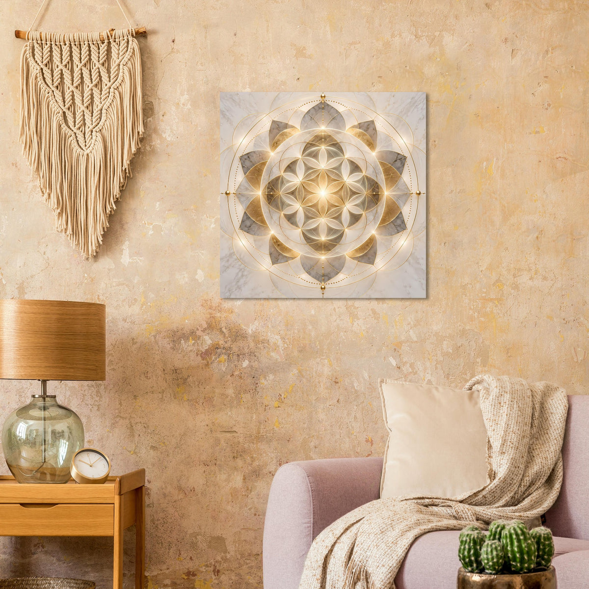 Quadratisches Poster mit goldener Mandala-Blume, schimmernden Kreisen und Ornamentlinien